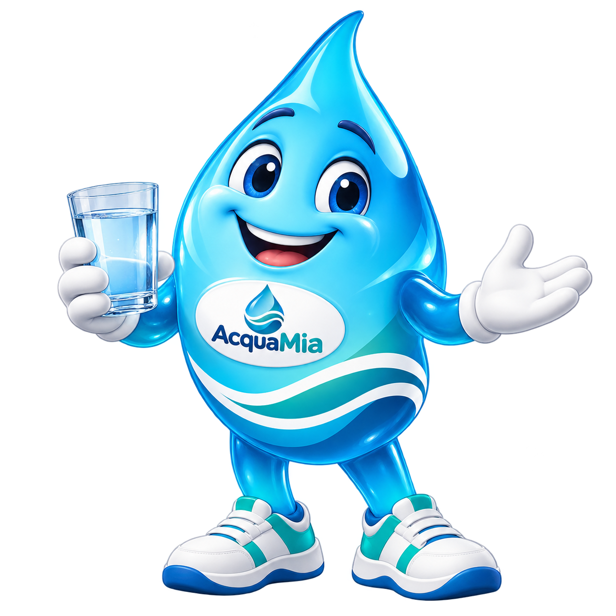 Mia, la mascotte AcquaMia: goccia blu sorridente con un bicchiere