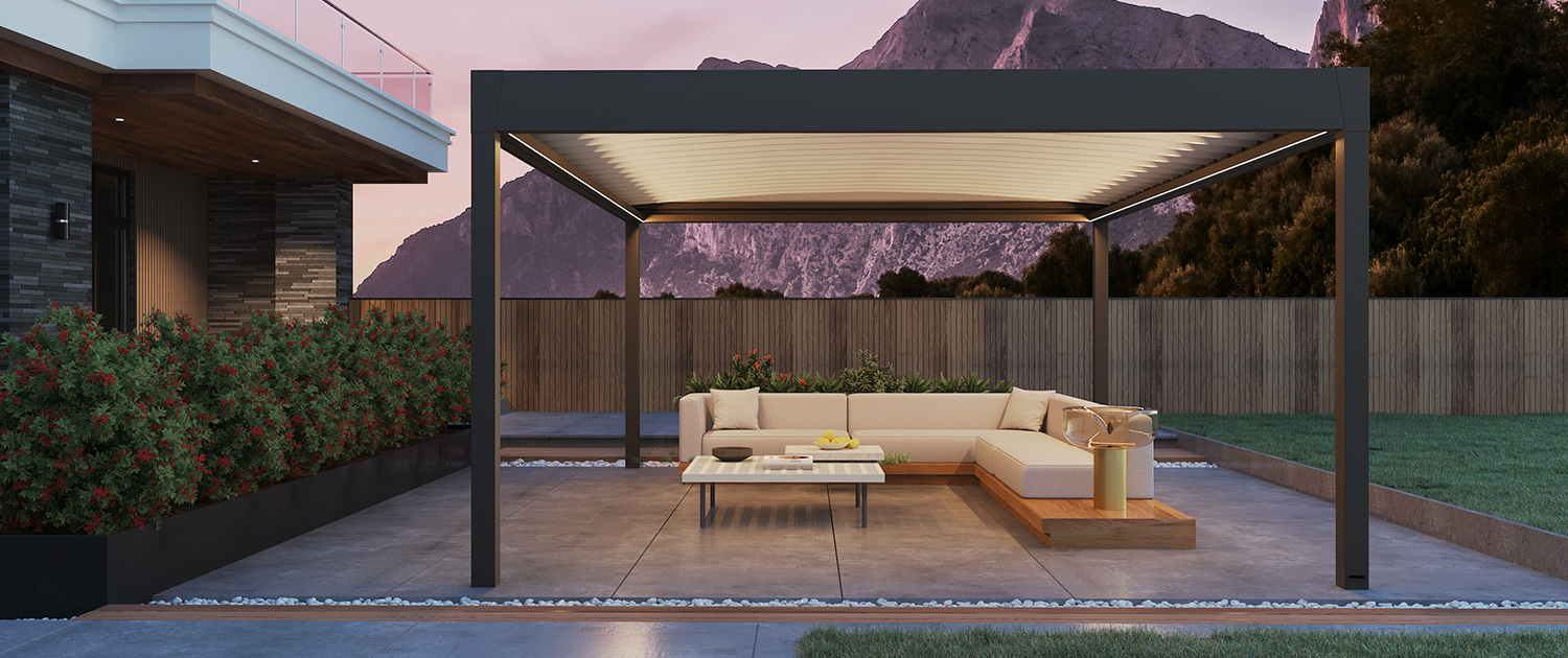 Pergola MV Line illuminata al tramonto